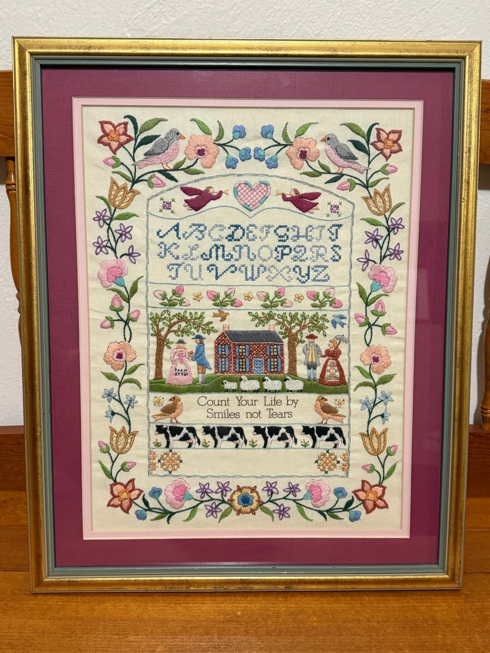 Vintage Creative Circle Jacobean Sampler Embroidery – Framed Folk Art